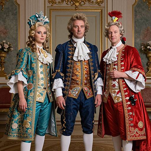 Photograph of three 18th-century aristocrats in ornate, colorful period costumes with elaborate embroidery, white ruffled shirts, and feathered hats