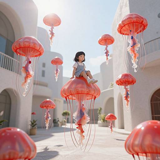 Photograph of a young Asian girl with black hair, sitting on a red jellyfish, surrounded by floating jellyfish in a sunlit, white courtyard