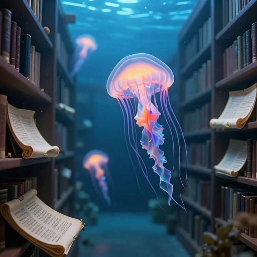 Photograph of a library aisle with glowing blue and pink jellyfish floating among bookshelves, illuminated scrolls, and dim blue lighting.