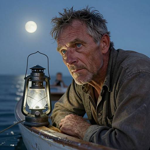 Photograph of a weathered, middle-aged man with gray hair and beard, illuminated by a lantern, under a full moon, on a boat at
