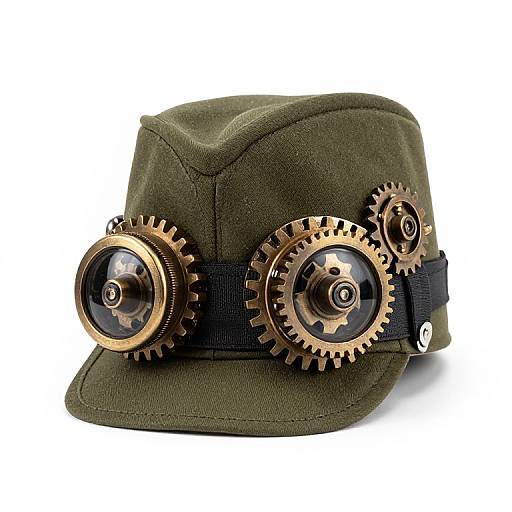Steampunk-style olive green military cap with large brass goggles featuring gear-like rims, black elastic band, and white button. Photographic image.