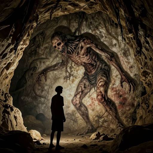 Digital illustration of a silhouetted child facing a terrifying, skeletal, humanoid monster with tattered clothes in a dark, cavernous cave.