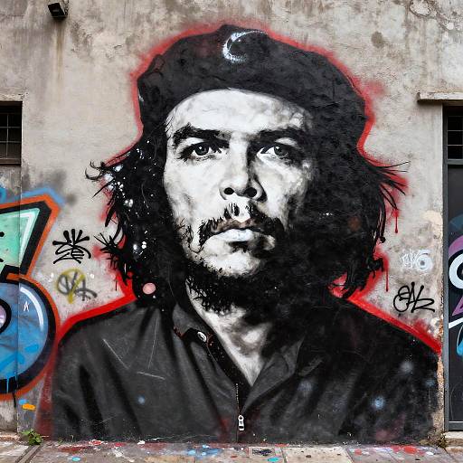 Black and white graffiti portrait of a bearded man with shaggy hair, wearing a beret, set against a graffitied wall.
