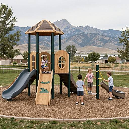 Photograph of five children playing on a wooden playground structure with slides, set in a grassy park with mountains in the background.