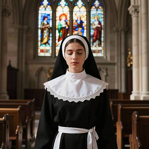 Photograph of a young woman in a traditional black nun's habit with white lace collar and head covering, standing in a Gothic-style church with colorful stained