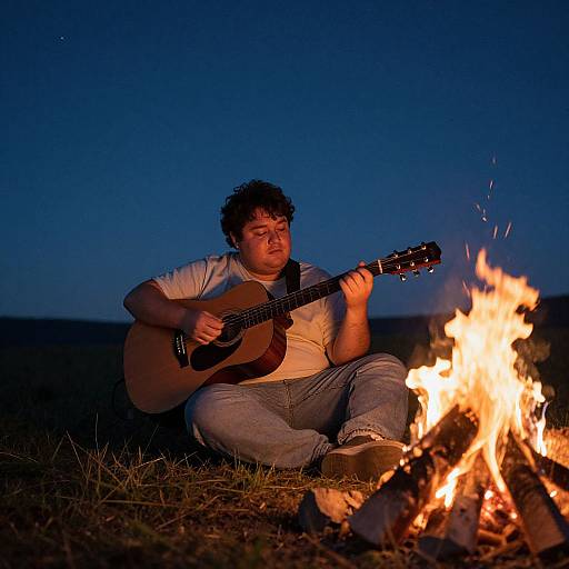 Photograph of a curly-haired man in a white t-shirt and blue jeans sitting by a campfire at night, playing an acoustic guitar.
