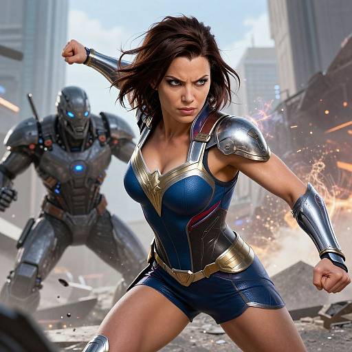 CGI image of Wonder Woman in blue and gold armor fighting a robotic enemy in a fiery, ruined cityscape. Her intense expression and dynamic pose dominate