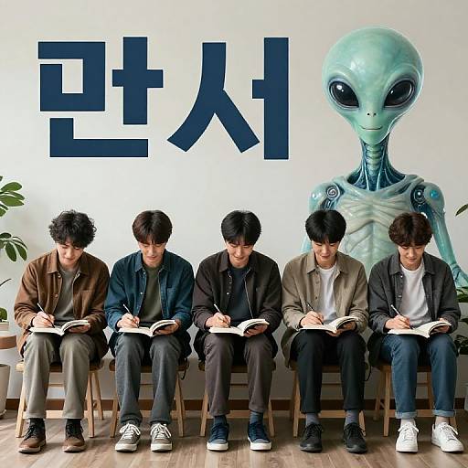 Photograph of five young Asian men sitting, reading, in front of a large alien figure and Korean text, in a minimalist room.