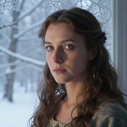 Photograph of a serious, blue-eyed, fair-skinned woman with wavy brown hair, wearing a patterned top, in a snowy, white