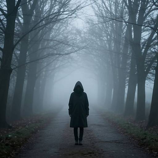 Silhouette of a person in a hooded coat walking down a foggy, tree-lined path, with bare branches overhead in a moody, blue