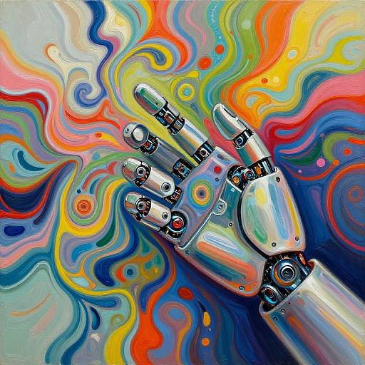Vivid digital painting of a metallic, robotic hand with jointed fingers, set against a swirling, colorful abstract background in red, blue, yellow,