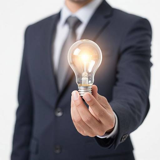 Photograph of a suited man, blurred face, holding a glowing incandescent light bulb, white background, symbolizing innovation and ideas.
