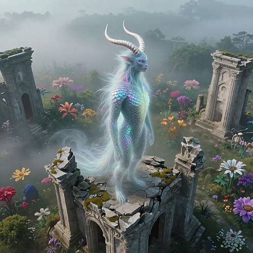 Digital fantasy artwork of a glowing, ethereal dragon with white horns and iridescent scales standing on ancient, overgrown ruins surrounded by vibrant flowers and