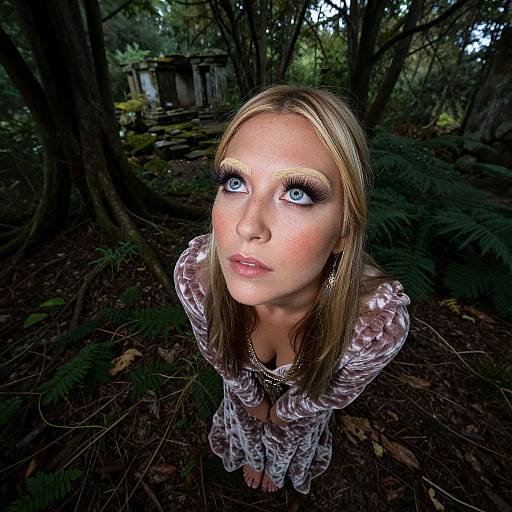 Photograph of a blonde woman with blue eyes, heavy makeup, and a sheer top, looking upward in a dark forest.