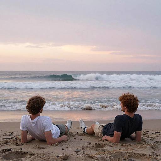 Two Men Relaxing on Beach at Sunset