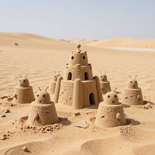 Photograph of a sandy castle with six small, round towers, each adorned with antennae, set in a bright, sunlit desert with rolling d