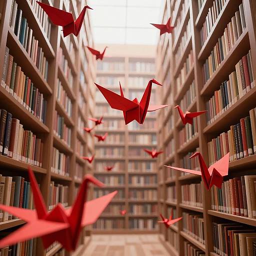 Photograph of a library aisle with tall wooden bookshelves on both sides, filled with books, and red origami birds flying in the center.