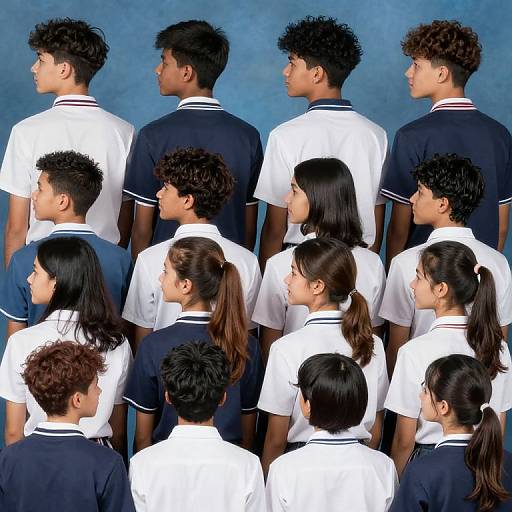 Photograph of a group of thirteen diverse Asian students, both boys and girls, wearing navy and white school uniforms, standing in rows against a blue background