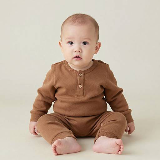 Photograph of a fair-skinned baby with blue eyes, sitting on a white background, wearing a brown, long-sleeve, button-up ones