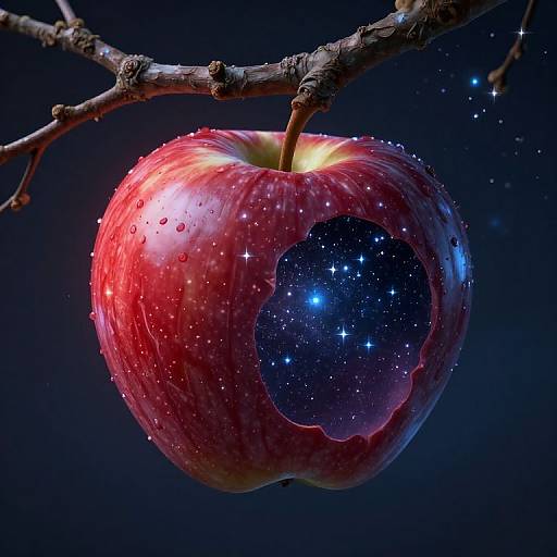 Photograph of a glowing red apple with a starry night sky hole, water droplets, and a branch against a dark blue background.