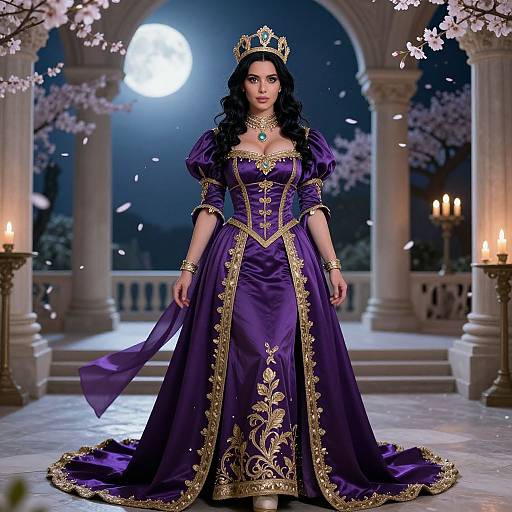 Digital illustration of a regal woman in a lavish purple and gold gown, crowned with a jeweled tiara, standing under a moonlit archway