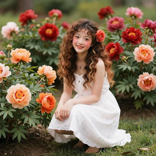 Young Woman in White Dress with Curly Hair in Peony Garden