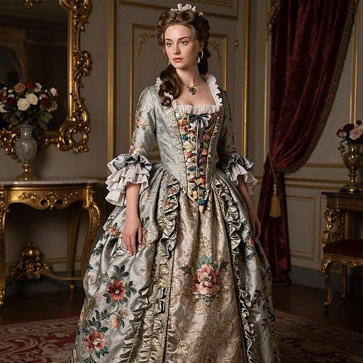 Photograph of a beautiful woman in an elaborate, 18th-century-style, silver silk gown with floral embroidery, standing in an opulent, gold