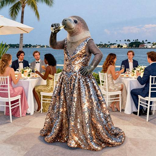 Photograph: A person in a sequined, silver mermaid costume and seal mask sips from a glass at an outdoor waterfront dinner party with eleg