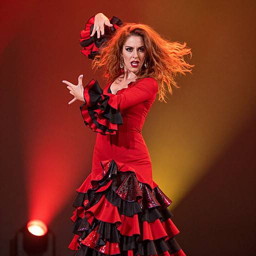 Photograph of a fiery redhead singer in a vibrant red and black ruffled dress, mid-performance, with dramatic stage lighting.