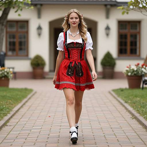 Photograph of a blonde woman with wavy hair, wearing a red dirndl dress with black lace, white puffed sleeves, and black shoes,