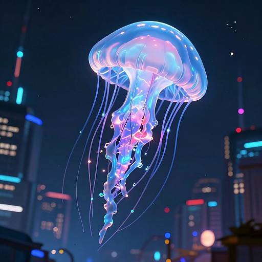Cyberpunk 3D Jellyfish Over Floating City