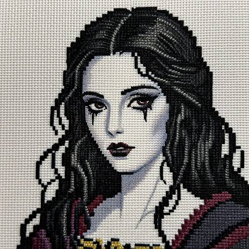 Embroidery Portrait of Woman with Black Hair