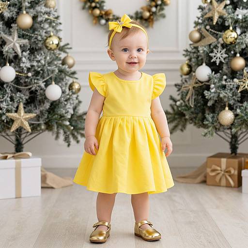 Photograph of a smiling toddler girl in a bright yellow dress and gold bow headband, standing between two Christmas trees with gold and white ornaments, and