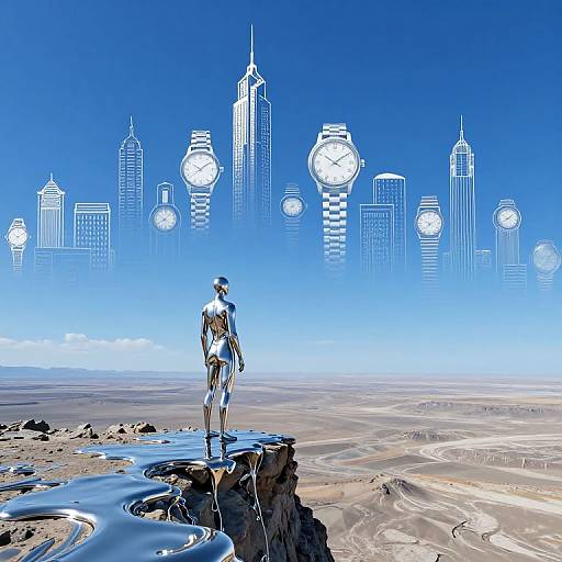 Digital artwork of a futuristic cityscape with a person in white standing on a rocky cliff, overlooking a barren landscape. Clock towers dominate the skyline against a