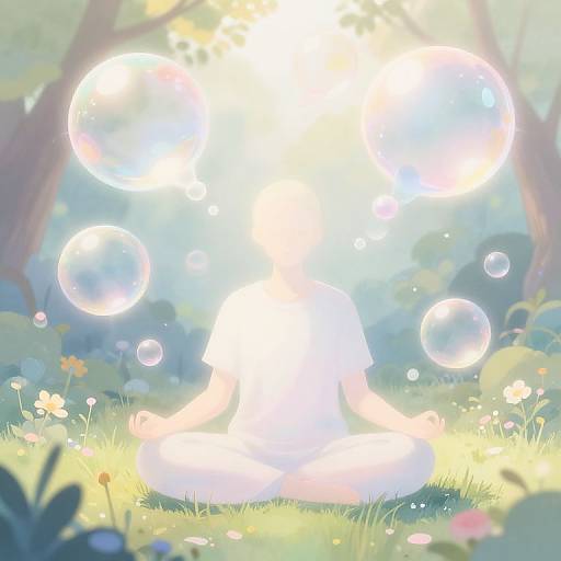 Digital art of a glowing, ethereal figure sitting in a sunlit forest clearing surrounded by large, radiant bubbles and colorful flowers.