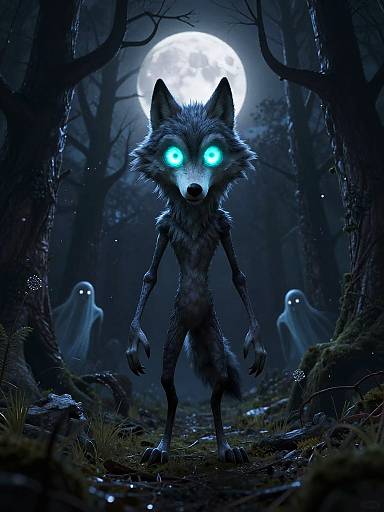 Digital artwork of a glowing blue-eyed, eerie wolf standing in a dark forest under a full moon, flanked by two ghostly figures.