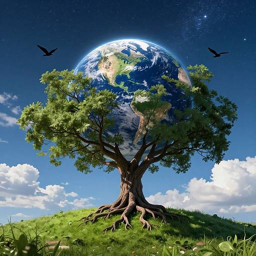 Digital artwork: Tree with trunk and branches blending into Earth, surrounded by blue sky, white clouds, and black birds flying.