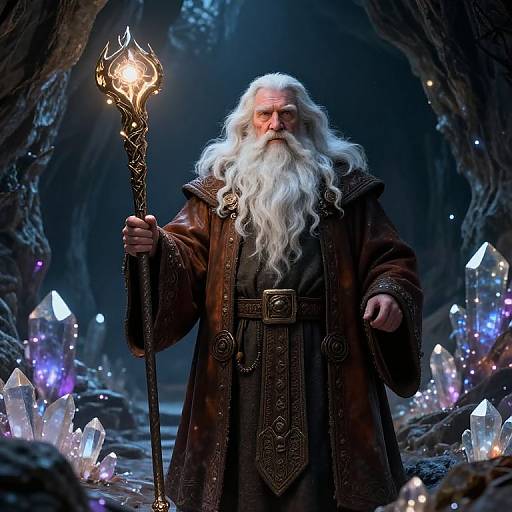 Photorealistic digital art of a majestic, white-bearded wizard with a glowing staff, standing in a dark, crystal-filled cave.