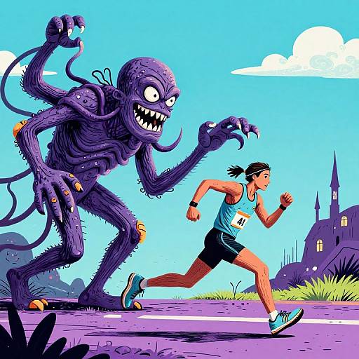 Cartoon illustration: A terrified woman in a blue tank top and black shorts runs from a menacing, purple, octopus-like monster with sharp teeth,