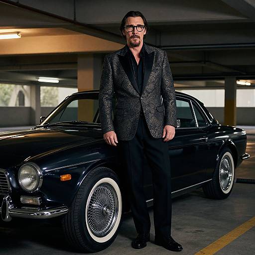Photograph of a bearded man with glasses, wearing a black blazer and black pants, standing in front of a shiny black classic car in a