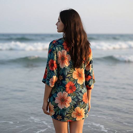 Photograph of a young woman with long dark hair wearing a floral shirt with large orange and red flowers, standing at the beach, facing the ocean.