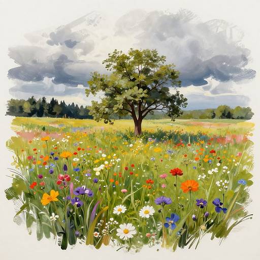 Vibrant watercolor painting of a lush meadow with colorful wildflowers, centered tree, and dramatic cloudy sky in the background.