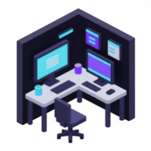 Isometric digital illustration of a modern black and white office workstation with three monitors, keyboard, mouse, and black chair.