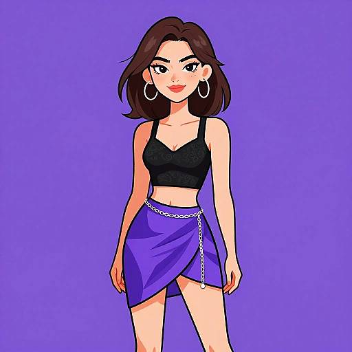 Digital illustration of a confident woman with brown hair, wearing a black lace crop top, blue skirt with chain belt, and large hoop earrings, against a