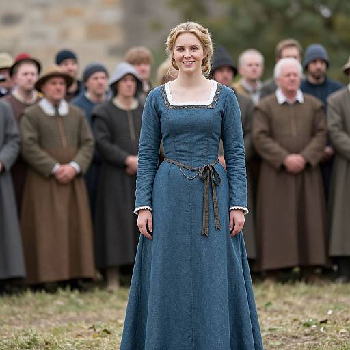 Photograph of a smiling young woman with blonde hair in a blue, long-sleeved, Victorian-style dress, standing in front of a group of