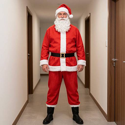 Photograph of a man with a white beard and red Santa outfit standing in a white-walled, wood-door hallway.
