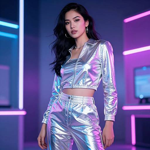 Photograph of an Asian woman with long black hair, wearing a shiny silver crop top and matching high-waisted pants, standing in a neon-l