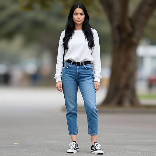 Photograph of a young woman with long black hair, wearing a white long-sleeve shirt, blue cuffed jeans, and black sneakers, standing