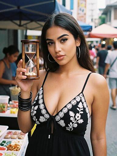 Photograph of a young South Asian woman with long dark hair, wearing a black floral dress, holding a wooden hourglass, standing in a bustling outdoor