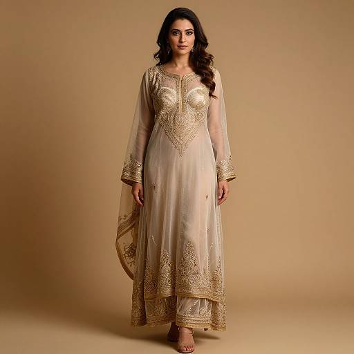 Photograph of a South Asian woman with long, wavy brown hair, wearing a beige, gold-embroidered traditional kameez and matching